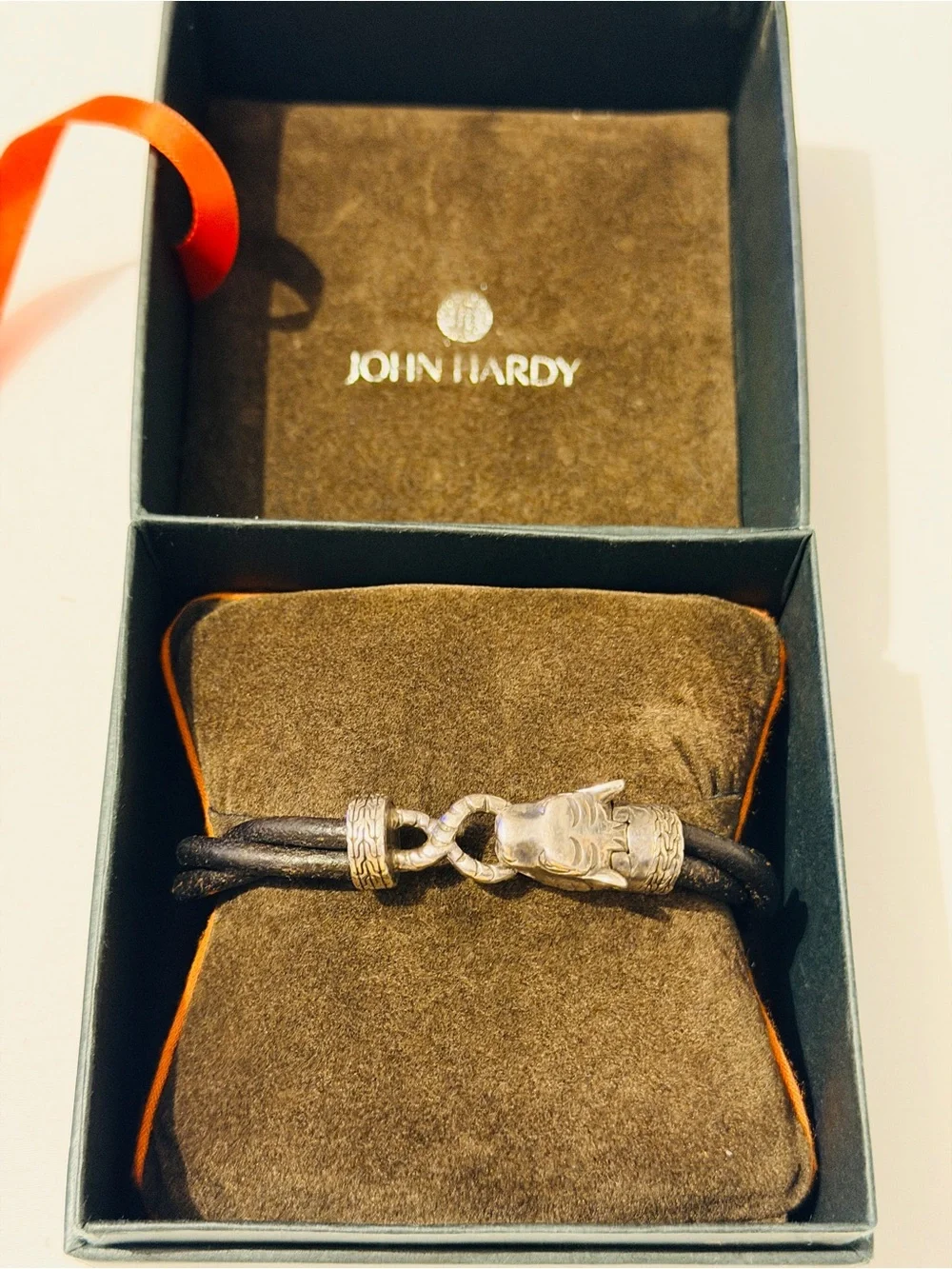 John Hardy Black Leather Bracelet with Silver Dragon Head Accent..PLEASE NO  BOX